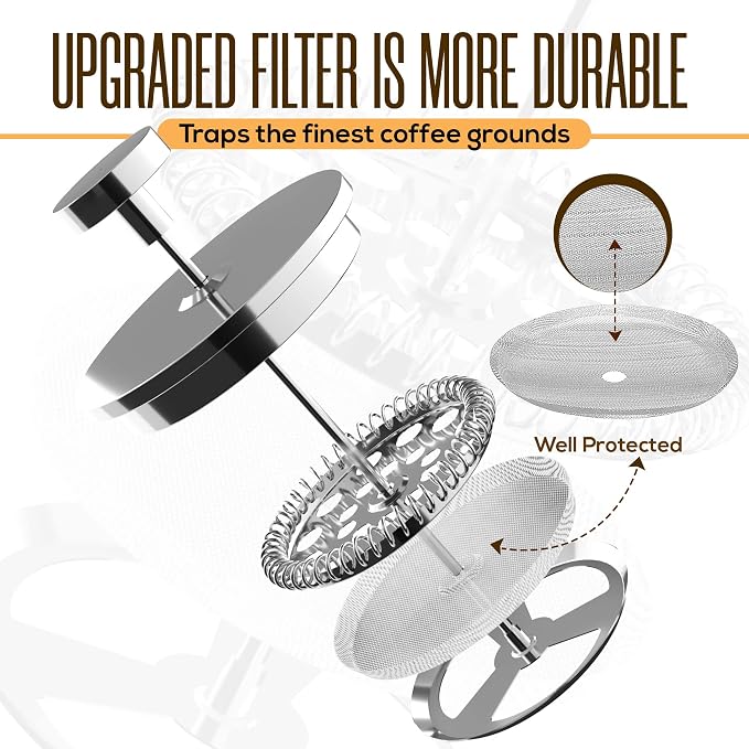 Utopia Kitchen 304 Grade Stainless Steel French Press Coffee Maker 50 Oz, Double Wall Insulated Coffee Press with 4-Level Filtration system, Include 2 Extra Filters, Rust-Free, Dishwasher Safe, Silver