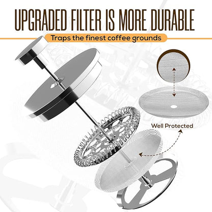 Utopia Kitchen 304 Grade Stainless Steel French Press Coffee Maker 12 Oz, Double Wall Insulated Coffee Press with 4-Level Filtration system, Include 2 Extra Filters, Rust-Free, Dishwasher Safe, Silver