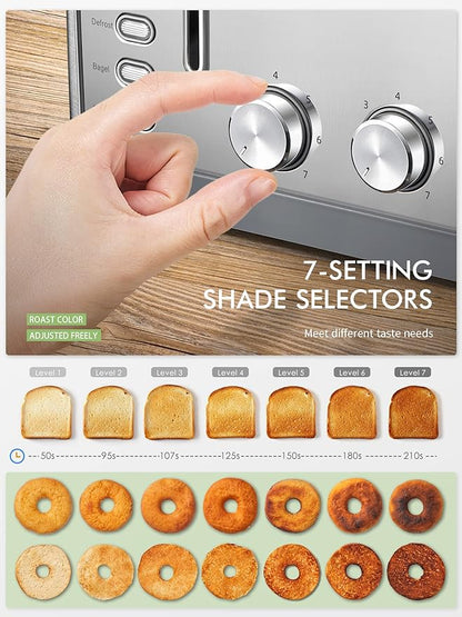 Toaster 4 Slice, Extra Wide Slots, Stainless Steel with High Lift Lever, Bagel and Muffin Function, Removal Crumb Tray, 7-Shade Settings with Warming Rack, Silver, Yabano