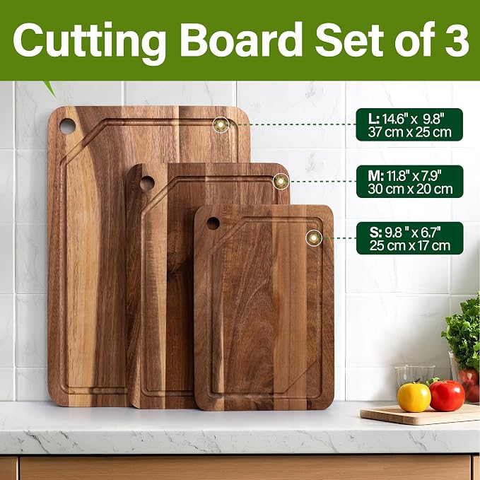 WILLKOMMEN Acacia Wood Cutting Board for Kitchen, 3-Piece Chopping Boards Set with Stand, Juice Groove, Handles & Hanging Holes, Butcher Block for Meat, Vegetables (Small, Medium, Large)