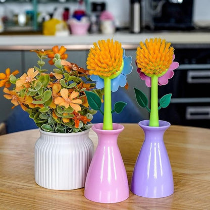 Long Handle Vegetable and Fruit Brush, Florganic Dish Brush with Vase, Long Handle Dish Brush Kitchen, for Cleaning Pot Pan Sink Kitchen Supplies Decorative Vase (2 Pcs Green, Pink)