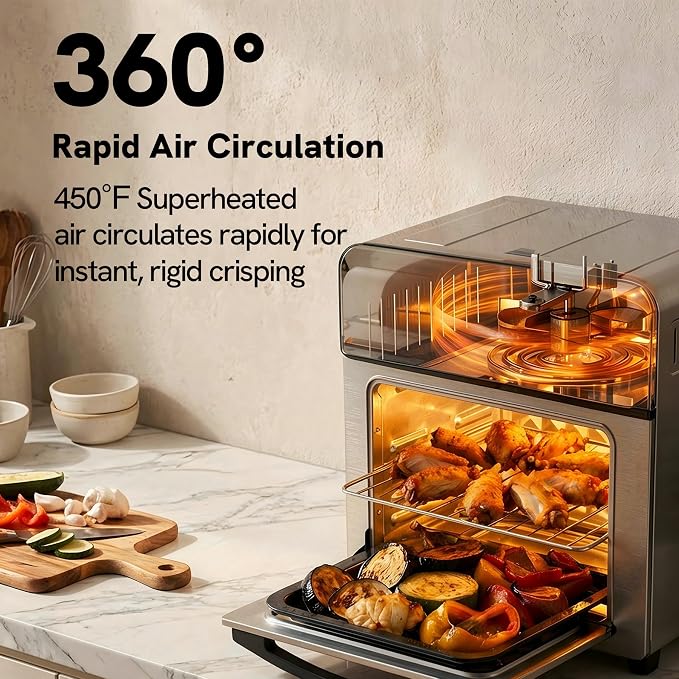 VAL CUCINA 6-in-1 Retro Air Fryer Toaster Oven Combo, Compact 12.7 QT Small Countertop Convection Oven, Fits 9" Pizza & 4 Toast, Hexagon Hybrid Heating, Enamel Baking Pan Included, Almond Yellow Color