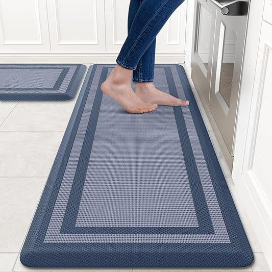 KitchenClouds [2 PCS Kitchen Rugs Cushioned Anti-Fatigue Kitchen Mats for Floor Waterproof Kitchen Rug Set Non-Slip Comfort Standing Mat for Office, Sink, Laundry 17.3"×29"+17.3"×47",Blue