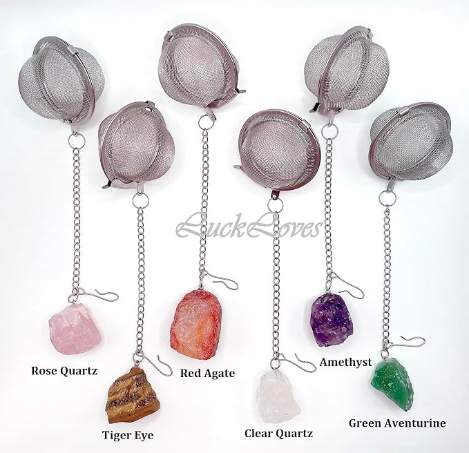 Crystal Tea Infuser, Raw Amethyst Rose Quartz Green Aventurine Tiger Eye Red Agate Tea Strainer, Tea Steeper Gemstone Gift for Tea Lovers, LuckLoves (Tiger Eye)