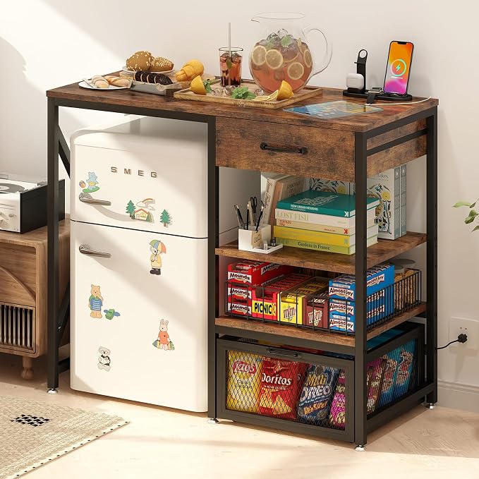 METYERRY Kitchen Bakers Rack with Power Outlet, Microwave Stand with Drawer, Mini Fridge Stand with Adjustable Shelves,Mini Fridge Cabinet Suitable for Dining Room, Dorm,Home, Rustic Brown
