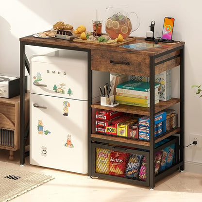 METYERRY Kitchen Bakers Rack with Power Outlet, Microwave Stand with Drawer, Mini Fridge Stand with Adjustable Shelves,Mini Fridge Cabinet Suitable for Dining Room, Dorm,Home, Rustic Brown