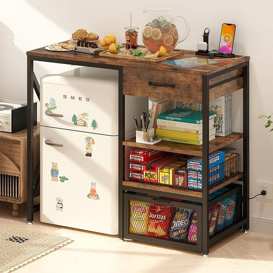 METYERRY Kitchen Bakers Rack with Power Outlet, Microwave Stand with Drawer, Mini Fridge Stand with Adjustable Shelves,Mini Fridge Cabinet Suitable for Dining Room, Dorm,Home, Rustic Brown