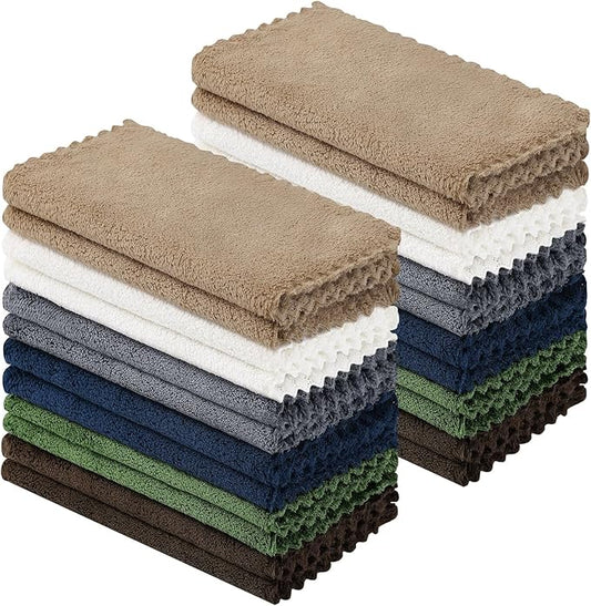 Kitinjoy 24 Pack Kitchen Dish Cloths, Super Soft and Absorbent Coral Velvet Dish Towels (10 x 10 Inches, White/Tan/Grey/Navy Blue/Brown/Grass Green)