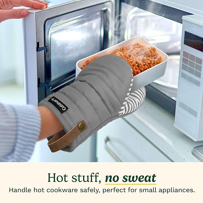 Cuisinart Mini Oven Mitts – 5.5” x 8” Heat-Resistant Kitchen Mitts for Oven with Non-Slip Printed Silicone, Cotton Filling, and Faux Leather Loop – Durable Oven Mitt Set for Cooking & Baking