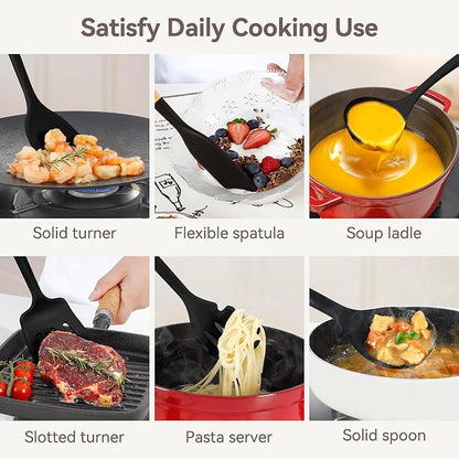 NCUE Kitchen Utensils Set, Large Non-stick Silicone Cooking Utensils Set 6 Pcs, Wooden Handle Heat Resistance Silicone Spatula Soup Ladle Pasta Server Kitchen Gadgets Utensils Set BPA Free (Black)