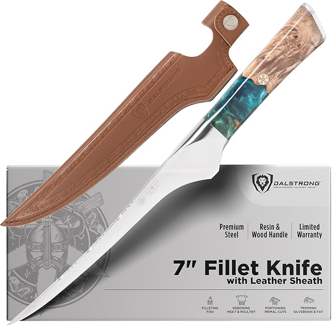 Dalstrong Valhalla 7" Fillet Knife — Flexible High-Carbon Blade (8–12° Edge), Unique Wood Resin Handle - For Filleting Fish, Deboning Proteins, Trimming Silverskin — Leather Sheath, Customer Support