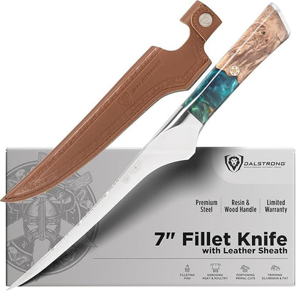 Dalstrong Valhalla 7" Fillet Knife — Flexible High-Carbon Blade (8–12° Edge), Unique Wood Resin Handle - For Filleting Fish, Deboning Proteins, Trimming Silverskin — Leather Sheath, Customer Support