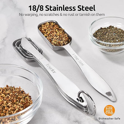U-Taste Narrow Square Measuring Spoons: 18/8 Stainless Steel Kitchen Measure Teaspoon Tablespoon with Leveler, Polygon Rectangular Metal Jar Scoop for Baking Cooking, Coffee, Spice, Powder (Set of 6)
