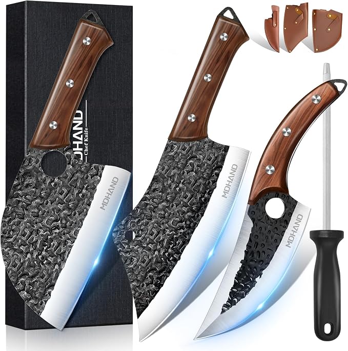 MDHAND Butcher Knife Set, 8PCS Hand Forged Serbian Chef Knife Set, Meat Cleaver Knife for Kitchen, Bone Chopper Knives & Viking Knives for Home & Outdoor Camping BBQ, Gift for Men