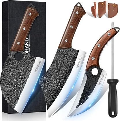 MDHAND Butcher Knife Set, 8PCS Hand Forged Serbian Chef Knife Set, Meat Cleaver Knife for Kitchen, Bone Chopper Knives & Viking Knives for Home & Outdoor Camping BBQ, Gift for Men