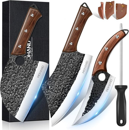 MDHAND Butcher Knife Set, 8PCS Hand Forged Serbian Chef Knife Set, Meat Cleaver Knife for Kitchen, Bone Chopper Knives & Viking Knives for Home & Outdoor Camping BBQ, Gift for Men