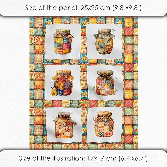 Patchwork Honey Jar Cotton Fabric Panel – 6 Designs (10×10 inch Each) + Bonus Sheet 29.5×19.6 inch, 100% Cotton 140 GSM, Made in Türkiye