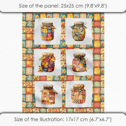 Patchwork Honey Jar Cotton Fabric Panel – 6 Designs (10×10 inch Each) + Bonus Sheet 29.5×19.6 inch, 100% Cotton 140 GSM, Made in Türkiye