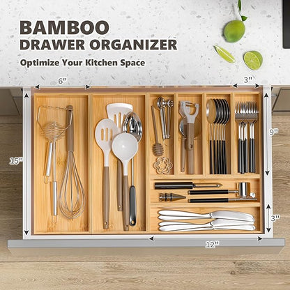 Kitchen Drawer Organizer Bins, Stackable Bamboo Deep Drawer Organizer for Silverware, Utensils, Cutlery, Flatware, Junk Drawer, Dresser, Bathroom, 6" x 3" x 2.5" (Set of 2)