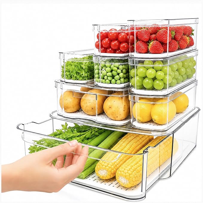 SMRCAD Fridge Organizers and Storage, 8 Pack Clear Freezer Organizer Bins with Lids for Kitchen, Pantry, Refrigerator, Food, Fruit, Vegetable Storage (8 Bins (Include Pull-out Drawer))