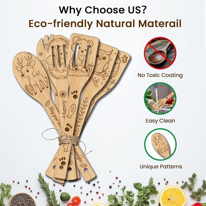 CUTHOLLOW 6PCS Forest Animal Wooden Kitchen Cooking Utensil Set, 11.9in Non Toxic Bamboo Wood Spoon Set for Cooking, Best Housewarming Birthday Thanksgiving Christmas Gift for Women Mother