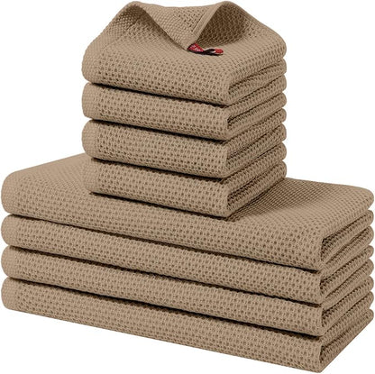 Homaxy 100% Cotton Kitchen Towels and Dishcloths Set, 12 x 12 Inches and 13 x 28 Inches, Set of 8 Bulk Kitchen Towels Set, Ultra Soft Absorbent Dish Cloths for Washing Dishes, Tan