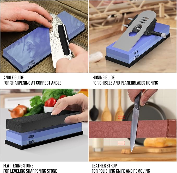 YeopAsda Knife Sharpening Stone Set - Premium 4 Side Grit 400/1000 3000/8000 Whetstone Sharpener Kit - Non-Slip Bamboo Base,Cut Resistant Gloves, Angle Guide,Flatting Stone,Honing Guide,Leather Strop