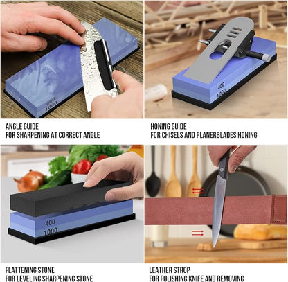 YeopAsda Knife Sharpening Stone Set - Premium 4 Side Grit 400/1000 3000/8000 Whetstone Sharpener Kit - Non-Slip Bamboo Base,Cut Resistant Gloves, Angle Guide,Flatting Stone,Honing Guide,Leather Strop