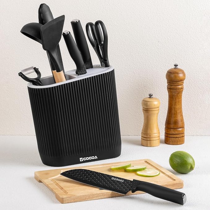Gooda Knife Set with Block,9 Pieces Kitchen Knives and Heat Resistant Silicone Kitchen Utensils Set with Wooden Handle,Ideal Cooking Tools for Kitchen