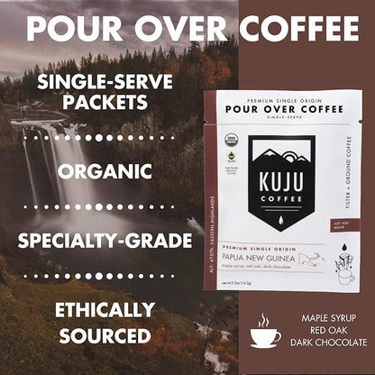 Kuju Coffee Premium Single-Serve Pour Over Coffee | Fair Trade Certified, USDA Organic, Single Origin Coffee, Eco-Friendly | Papua New Guinea - Eastern Highlands, 6-pack