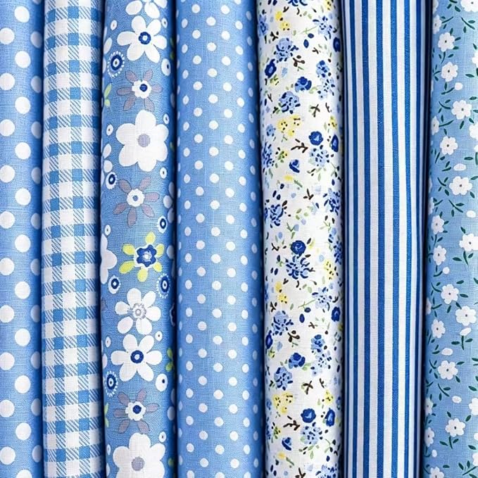 7 pcs Cotton Fabric DIY Making Supplies Quilting Patchwork Fabric Fat Quarter Bundles DIY for Quilting Cotton Patchwork Cushions (Blue, 18" x 22")