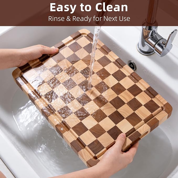 Checkered Cutting Board, Wooden Checkerboard Cutting Board for Kitchen 16 x 12 x 1", Rubber Wood Butcher Block Chopping Board with Juice Grooves & Handles for Meat, Vegetables & Cheese