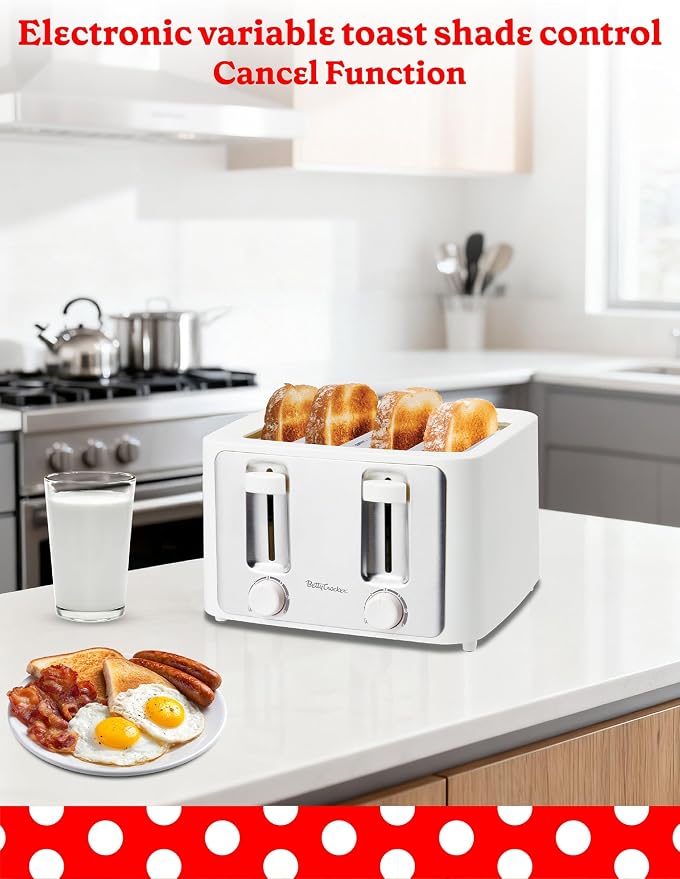 Betty Crocker 4-Slice Toaster, 1500W, Variable Toast Shade Control Dials, High Lift Feature, Cool Touch Housing, Bread Centering Guides, Drop Down Crumb Tray, BC-5635W, White