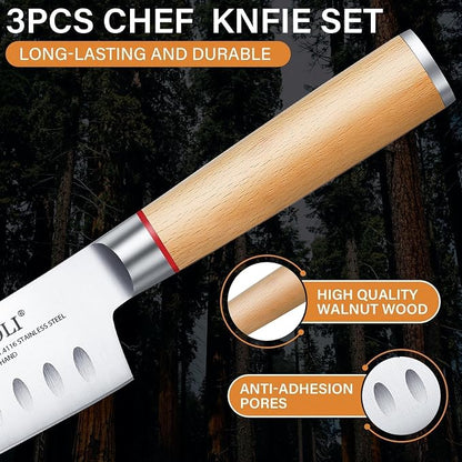 TIVOLI 3 PCS Kitchen Knife Set, High Carbon Stainless Steel Cutlery Knife Set, Ergonomic Wood Handle, Professional Chef Knife Set Gifts For Cooks
