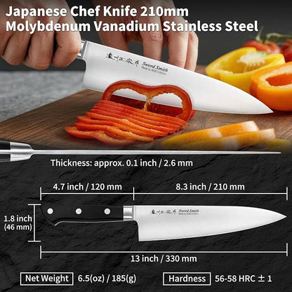 8.3 Inch Japanese Chef Knife, Made in Japan, Full Tang High Carbon Molybdenum Stainless Steel Gyuto Knife for Rock Chopping Meat, Fish and Vegetables