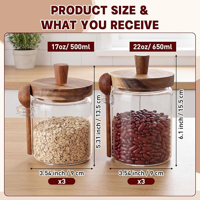 Remerry Set of 6 Glass Jar with Wooden Lid and Spoon, 13.5 Oz/20 oz, Coffee Sugar Container Set, Clear Airtight Spice Canisters Glass Food Storage Kitchen Containers for Coffee Bean Tea Sugar