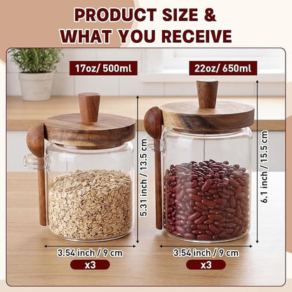 Remerry Set of 6 Glass Jar with Wooden Lid and Spoon, 13.5 Oz/20 oz, Coffee Sugar Container Set, Clear Airtight Spice Canisters Glass Food Storage Kitchen Containers for Coffee Bean Tea Sugar
