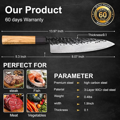 8 Inch Japanese Chef Knife, Hand Forged High Carbon Steel Gyuto Kitchen Knife for Meat Vegetables Cutting, Professional Cooking Knife with Olive Wood Octagonal Handle & Gift Box