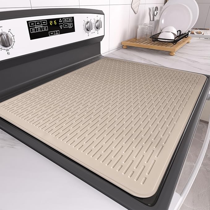 Stove Top Cover for Electric Stove- Range Covers for Electric Stove,Silicone XXL Dish Drying Mat, Glass Cooktop Covers, Flat RV Range top Mats (Taupe Thickened, 30"x21")
