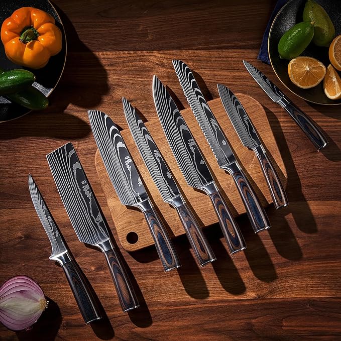 SENKEN 16-Piece Knife Block Set - Japanese High Carbon Stainless Steel with Damascus Pattern, Dark Wood Handles, 6 Steak Knives & Acacia Hardwood Block (Brown)