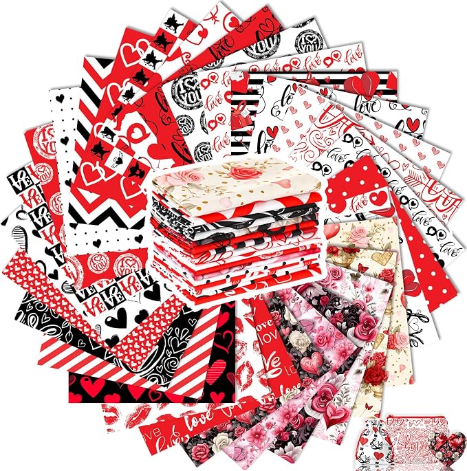 Tatuo 30 Pcs 10 x 10 Inches Valentine Cotton Fabric Bundle Squares Patchwork Red Black Floral Fabric Sewing Quilting Bundles Assorted Pattern Cloth for DIY Scrapbook Craft Making
