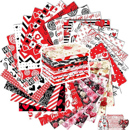 Tatuo 30 Pcs 10 x 10 Inches Valentine Cotton Fabric Bundle Squares Patchwork Red Black Floral Fabric Sewing Quilting Bundles Assorted Pattern Cloth for DIY Scrapbook Craft Making