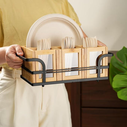 Silverware Caddy Wood Utensil Holder Cutlery Flatware Paper Plate Dispenser Organizer for Spoons Forks Plates Napkins (Acrylic)