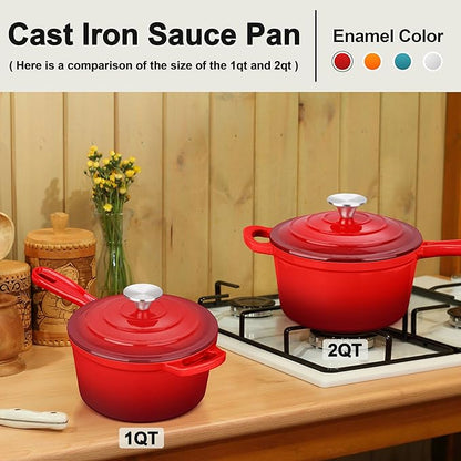 Enameled Cast Iron Sauce Pan with Lid, Leonyo 2 Quart Saucepan with Lid, Enamel Cast Iron Dutch Oven Kitchen Cookware for All Cooktops Making Pasta Sauce, Milk, Oatmeal - Up to 500°F & 6.7Lbs, Red