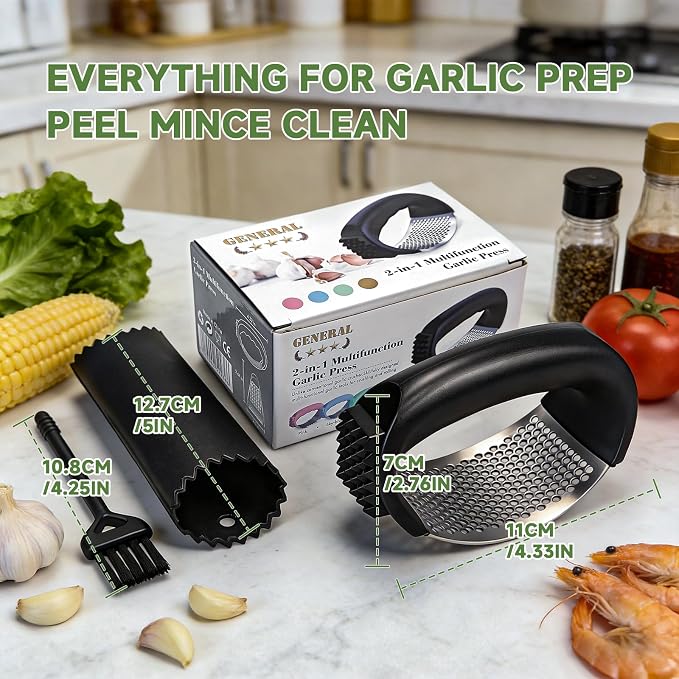 Garlic Press Rocker 304 Stainless Steel Garlic Mincer Crusher Easy to Clean Dishwasher Safe Textured End for Light Tenderizing, with Silicone Peeler and Cleaning Brush