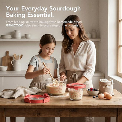 GENICOOK Sourdough Starter & Fermentation Jar Set, 2-Piece Borosilicate Glass Containers with Airtight Lids & Vent Plugs (24oz & 71oz), Wide Mouth Measuring Jars for Dough Mixing, Proofing & Baking