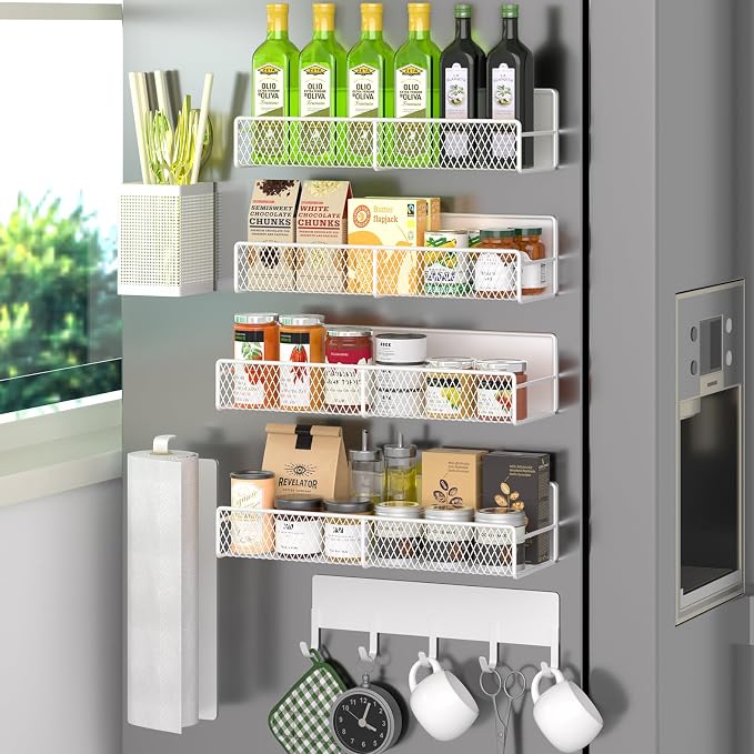 Magnetic Spice Rack for Refrigerator, 7 Pack 100% Metal Strong Magnet Shelves, Kitchen Spice Organizer W/ Hook Rack, Paper Towel Holder, Utensils Caddy, Home Laundry Room Storage Organization (White)