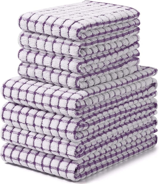 Homaxy Kitchen Towels and Dishcloths Set, 16 x 25 and 12 x 12 Inches, Set of 8 Cotton Terry Kitchen Dish Towels, Super Soft and Absorbent Dish Cloths, Purple
