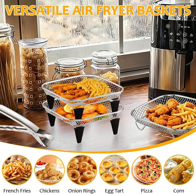 TeamFar Square Air Fryer Rack, 7.72" Stainless Steel Stackable Air Fryer Basket Accessories for Frying Roasting Baking, 3pcs Dehydrator Rack with Silicone Feet & Clip, Oven & Dishwasher Safe