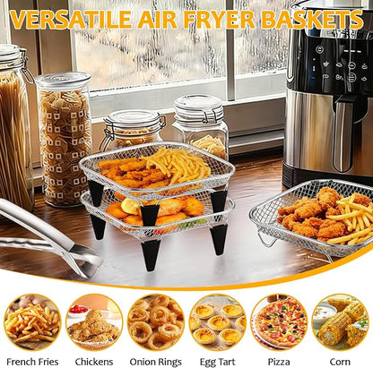 TeamFar Square Air Fryer Rack, 7.72" Stainless Steel Stackable Air Fryer Basket Accessories for Frying Roasting Baking, 3pcs Dehydrator Rack with Silicone Feet & Clip, Oven & Dishwasher Safe